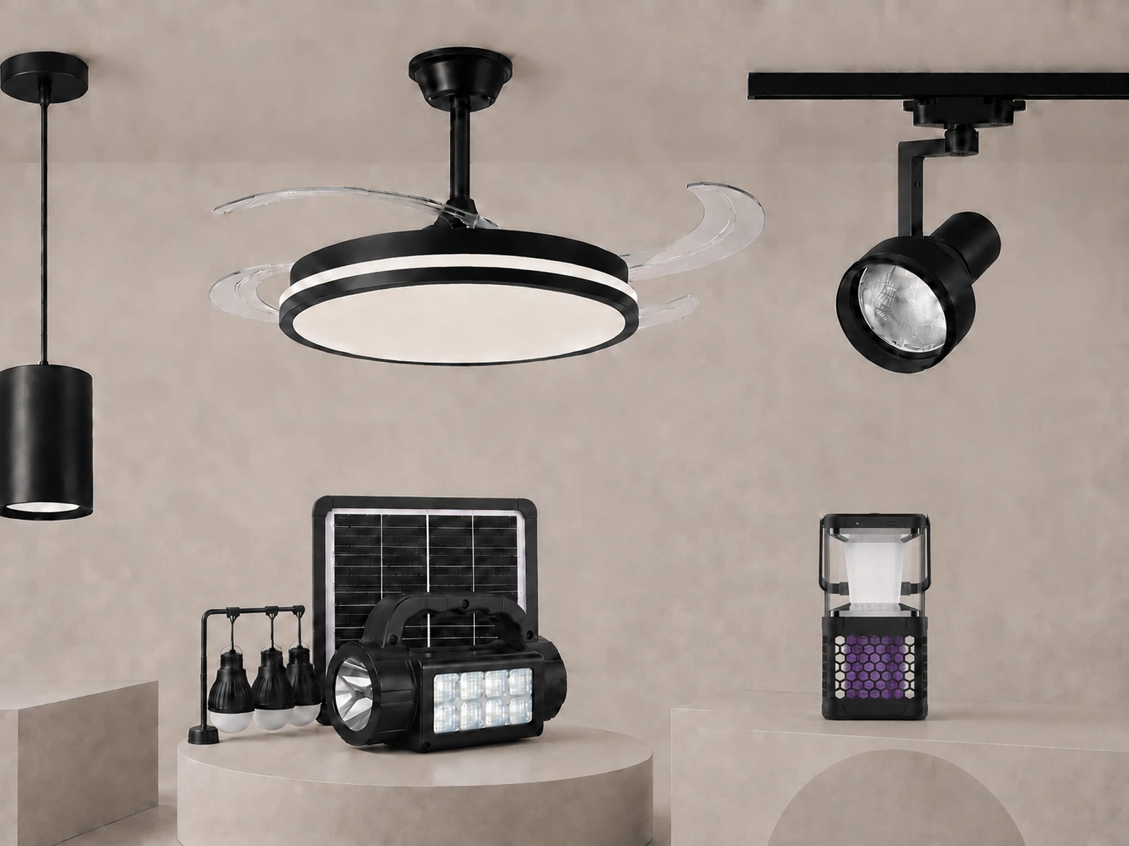 LightSource ceiling fan with LED ring, pendant and track lighting, solar panel kit and portable LED lamps.