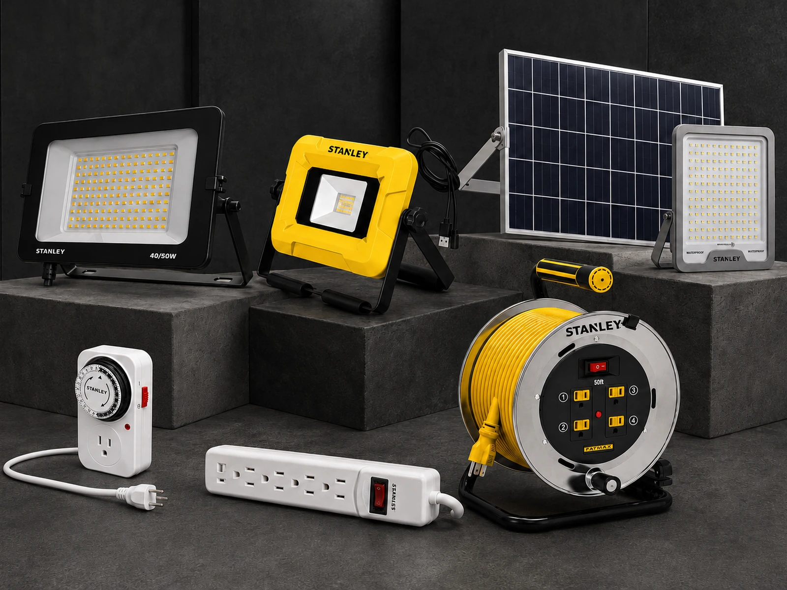Stanley work lights, solar floodlight, plug-in timer, power strip and extension cord reel.