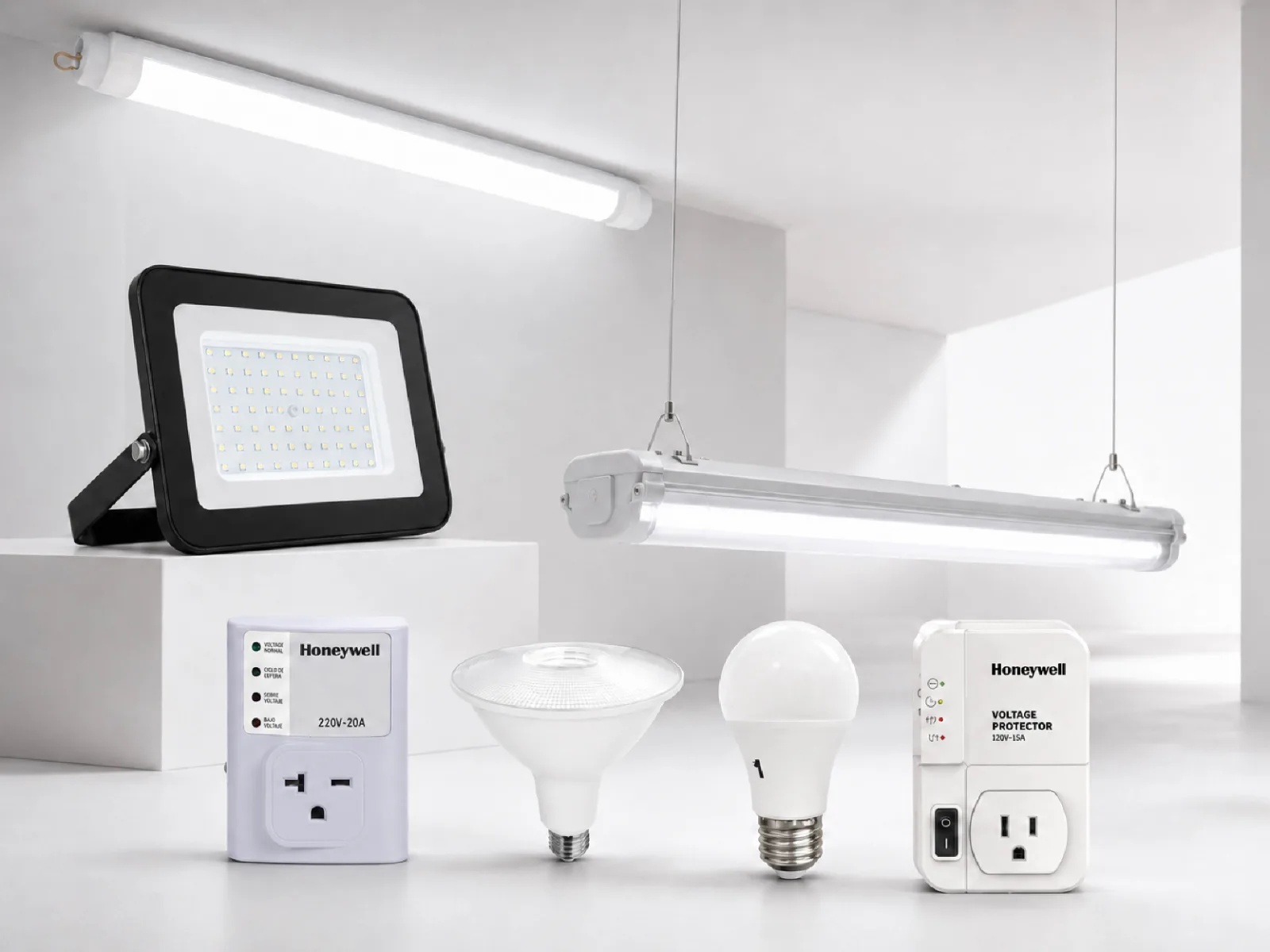 Honeywell LED lighting and electrical protection products displayed in a modern commercial setting.